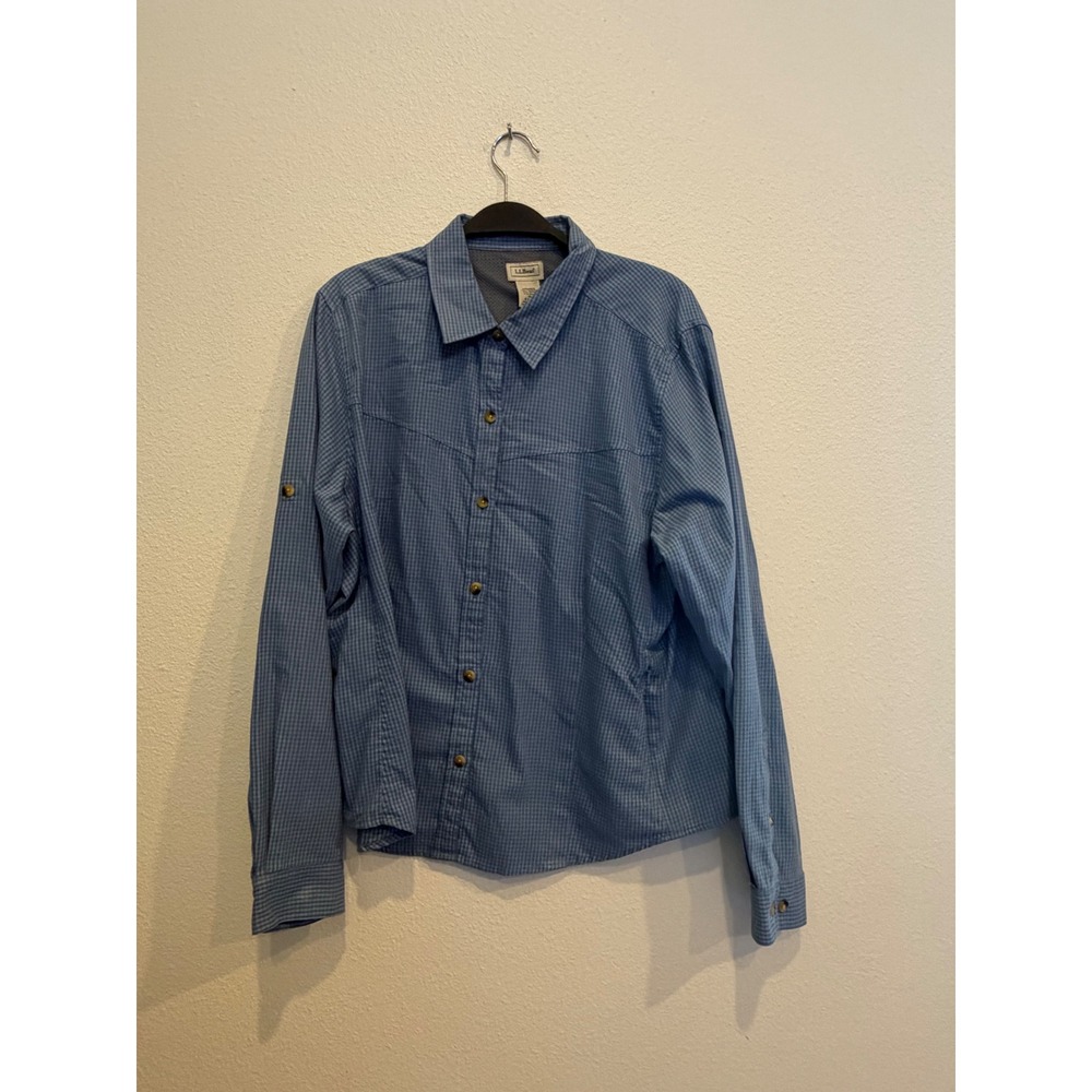 LL Bean Womens XL Blue Micro Check Button Down Roll Tab Hiking Shirt 0CAR4